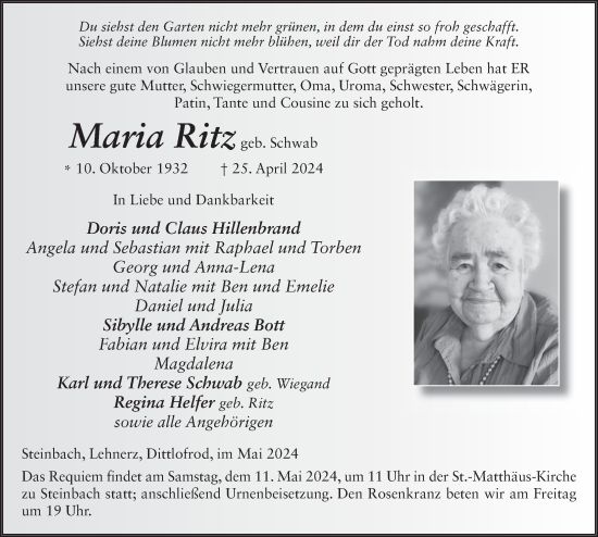 Traueranzeige von Maria Ritz von FZ