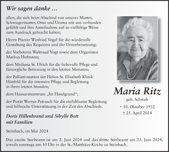 Traueranzeige von Maria Ritz von FZ