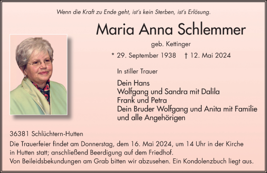Traueranzeige von Maria Anna Schlemmer von FZ