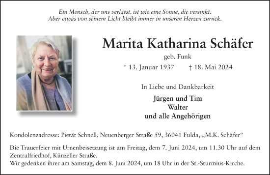 Traueranzeige von Marita Katharina Schäfer von FZ