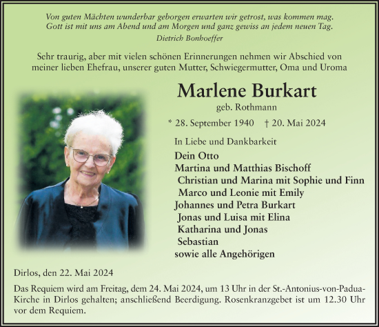 Traueranzeige von Marlene Burkart von FZ