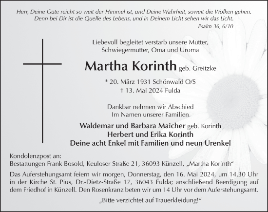 Traueranzeige von Martha Korinth von FZ