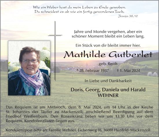 Traueranzeige von Mathilde Gutberlet von FZ