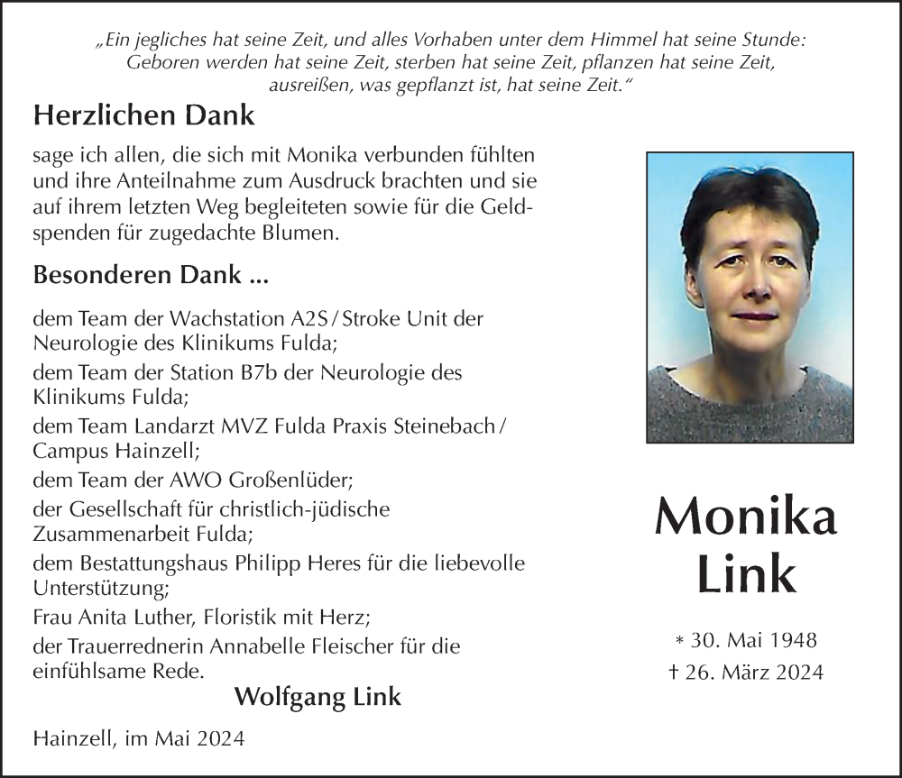  Traueranzeige für Monika Link vom 11.05.2024 aus FZ