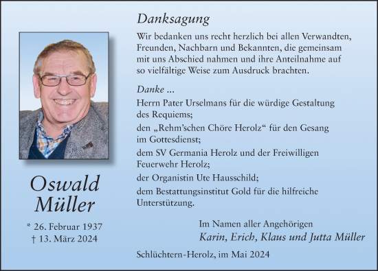 Traueranzeige von Oswald Müller von FZ