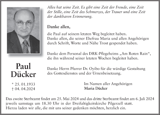 Traueranzeige von Paul Dücker von FZ