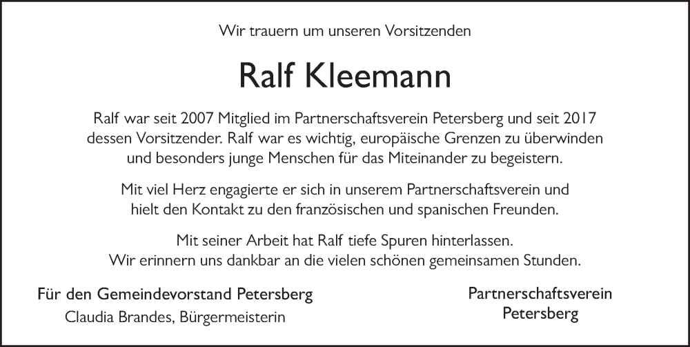  Traueranzeige für Ralf Kleemann vom 11.05.2024 aus FZ