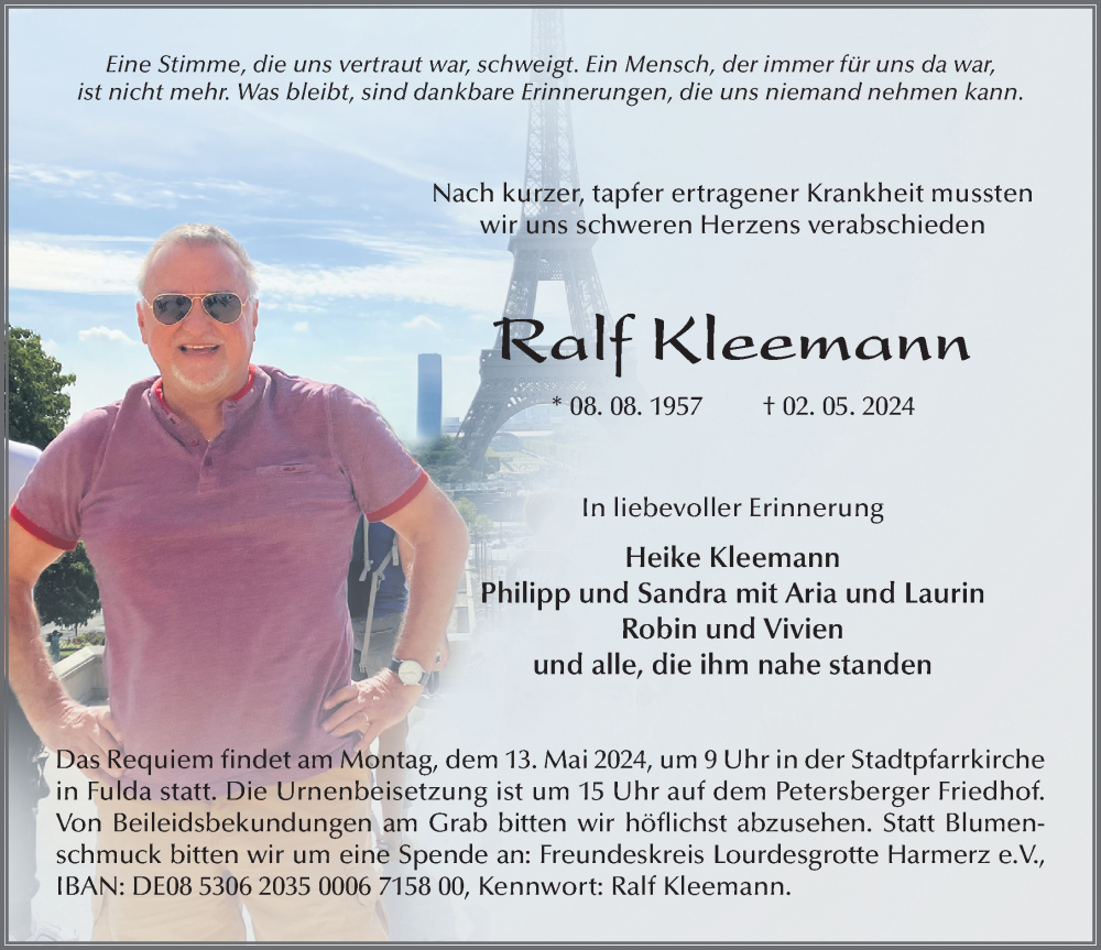  Traueranzeige für Ralf Kleemann vom 08.05.2024 aus FZ