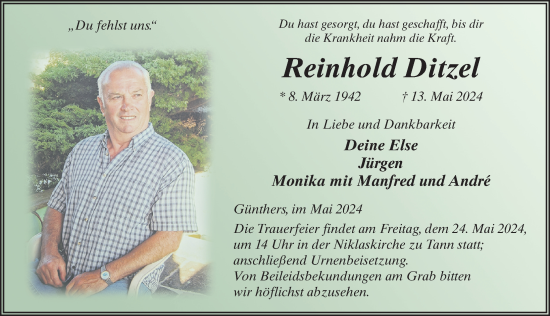 Traueranzeige von Reinhold Ditzel von FZ