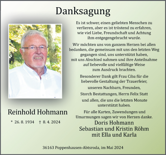 Traueranzeige von Reinhold Hohmann von FZ