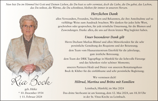 Traueranzeige von Ria Bock von FZ