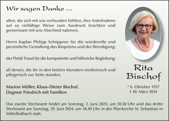 Traueranzeige von Rita Bischof von FZ