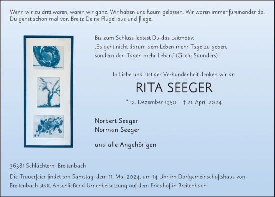 Traueranzeige von Rita Seeger von FZ