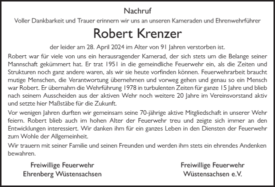 Traueranzeige von Robert Krenzer von FZ