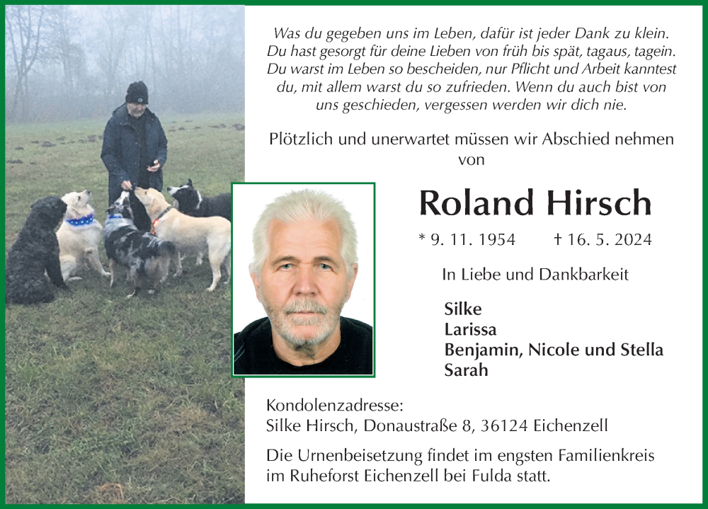  Traueranzeige für Roland Hirsch vom 25.05.2024 aus FZ
