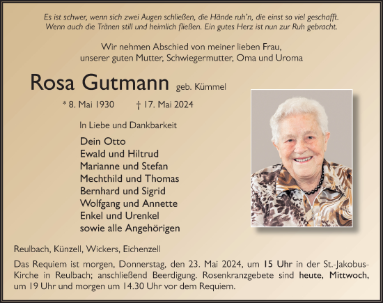 Traueranzeige von Rosa Gutmann von FZ