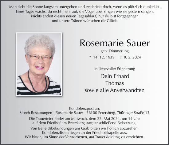 Traueranzeige von Rosemarie Sauer von FZ