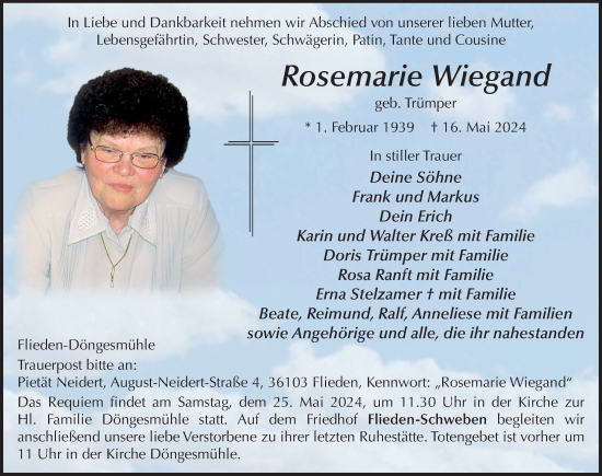 Traueranzeige von Rosemarie Wiegand von FZ