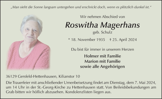Traueranzeige von Roswitha Magerhans von FZ