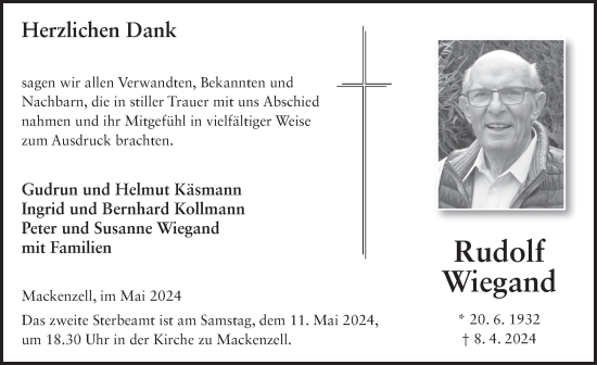 Traueranzeige von Rudolf Wiegand von FZ
