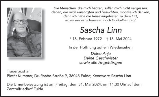 Traueranzeige von Sascha Linn von FZ