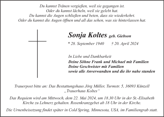 Traueranzeige von Sonja Koltes von FZ