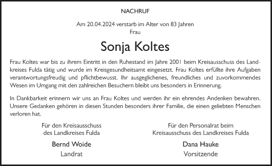 Traueranzeige von Sonja Koltes von FZ