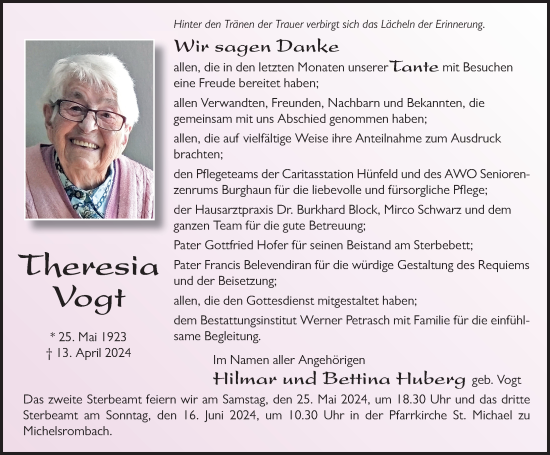 Traueranzeige von Theresia Vogt von FZ