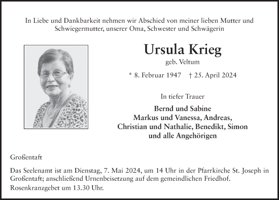 Traueranzeige von Ursula Krieg von FZ