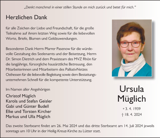Traueranzeige von Ursula Müglich von FZ