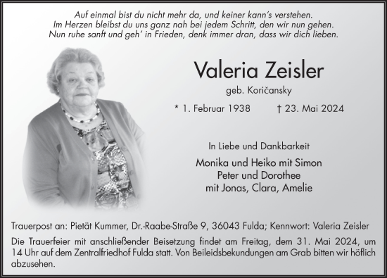 Traueranzeige von Valeria Zeisler von FZ