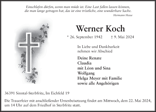 Traueranzeige von Werner Koch von FZ