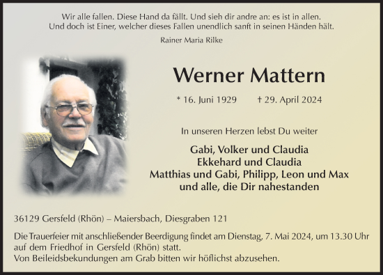 Traueranzeige von Werner Mattern von FZ