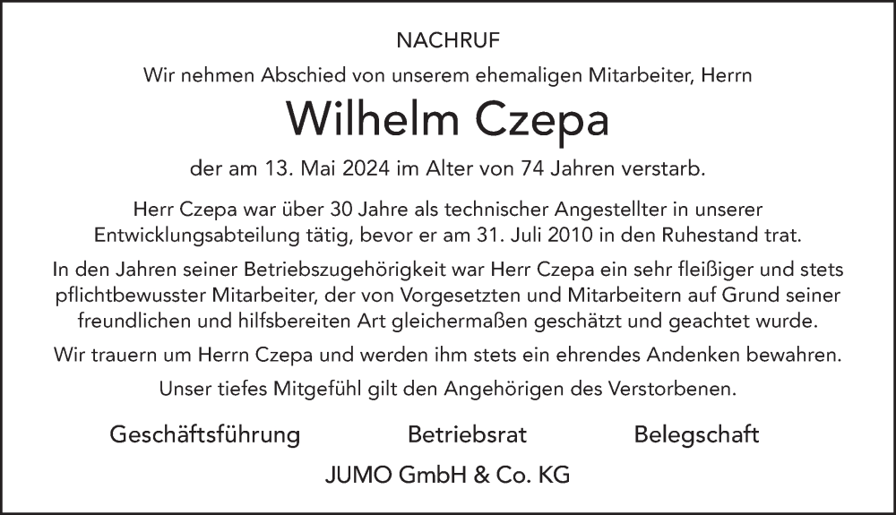  Traueranzeige für Wilhelm Klemens Czepa vom 16.05.2024 aus FZ