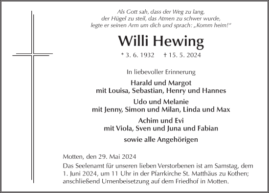 Traueranzeige von Willi Hewing von FZ