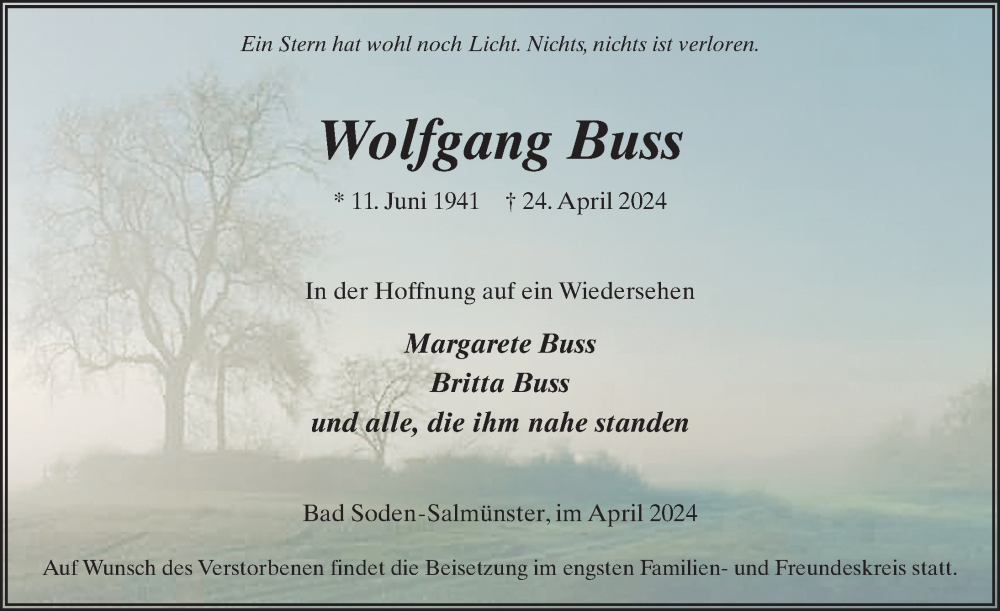  Traueranzeige für Wolfgang Buss vom 04.05.2024 aus FZ