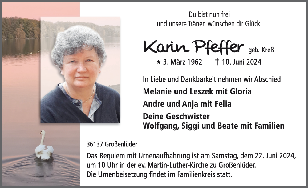  Traueranzeige für Karin Pfeffer vom 19.06.2024 aus  FZ