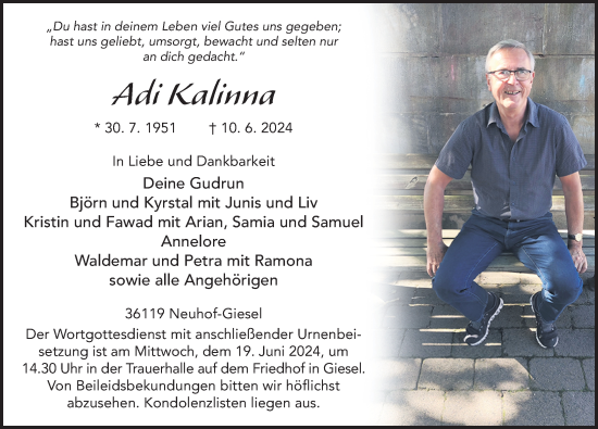 Traueranzeige von Adi Kalinna von FZ