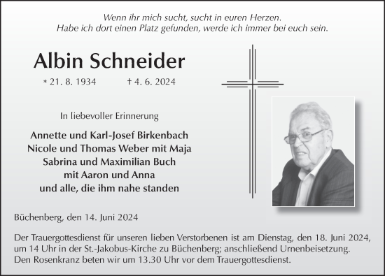 Traueranzeige von Albin Schneider von FZ