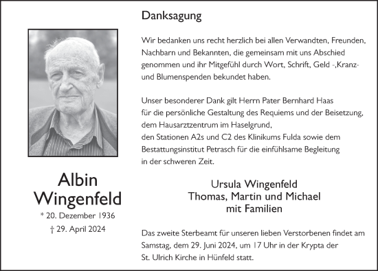 Traueranzeige von Albin Wingenfeld von FZ
