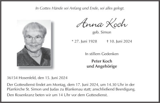 Traueranzeige von Anna Koch von FZ