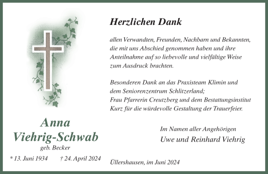 Traueranzeige von Anna Viehrig-Schwab von FZ