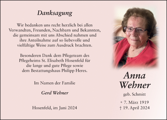 Traueranzeige von Anna Wehner von FZ