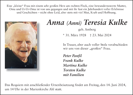 Traueranzeige von Anna Teresia Kulke von FZ
