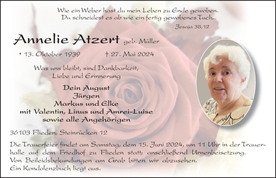 Traueranzeige von Annelie Atzert von FZ