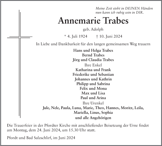 Traueranzeige von Annemarie Trabes von FZ