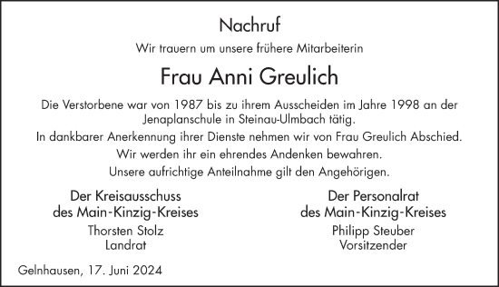 Traueranzeige von Anni Greulich von FZ