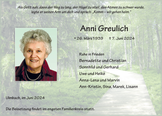 Traueranzeige von Anni Greulich von FZ
