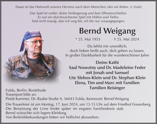 Traueranzeige von Bernd Weigang von FZ