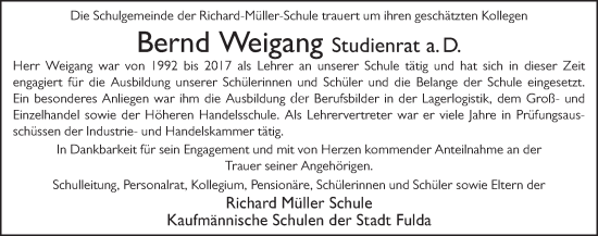 Traueranzeige von Bernd Weigang von FZ
